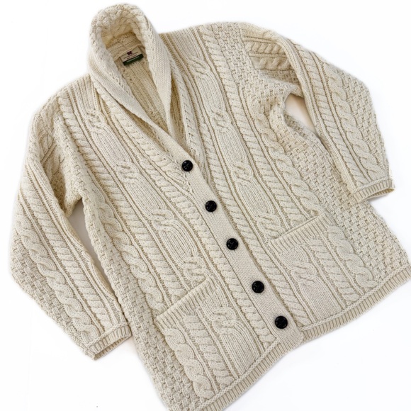 Carraig Donn Sweaters - Carraig Don Sweater Womens XXL Ivory Cableknit Fisherman Shawl Collar Irish Wool
